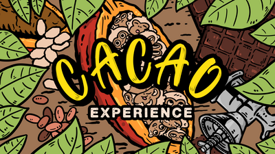 Cacao Experience poster featuring the logo and illustration of cocoa bean and chocolate bar