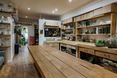 Interior of Ome workshop in Old market filled with materials and tools to make terrariums