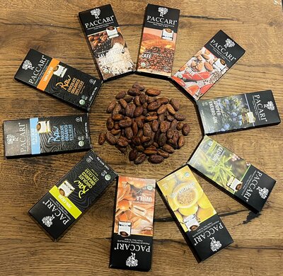 Variety of different chocolate bars places around cacao beans