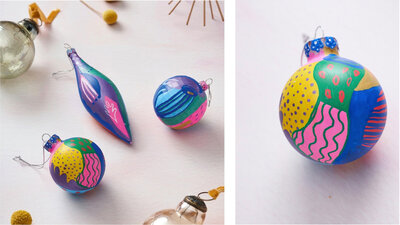 Collage featuring colourful Christmas baubles