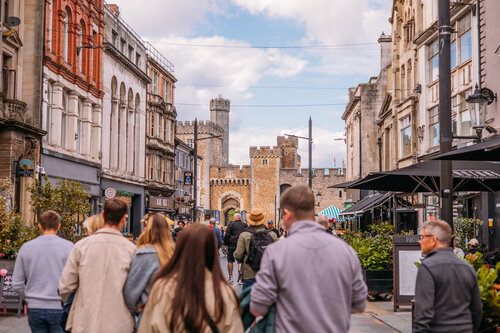 People walking down the street in Cardiff town centre