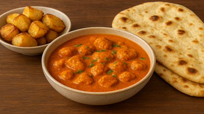 Bowl of tasty curry with naan and golden potatoes.