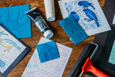 Crafty lino printing fun with colourful bird designs