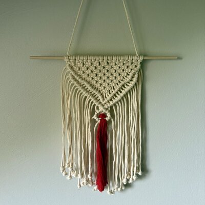 Charming macramé wall hanging with a splash of red flair