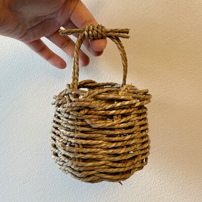 Hand holding a charming woven basket, ready for adventures
