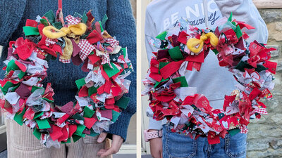 Hand-tied fabric wreath fun: perfect for festive flair!