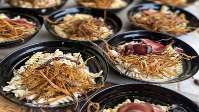 Pasta plates with a cheeky twist of crispy toppings.